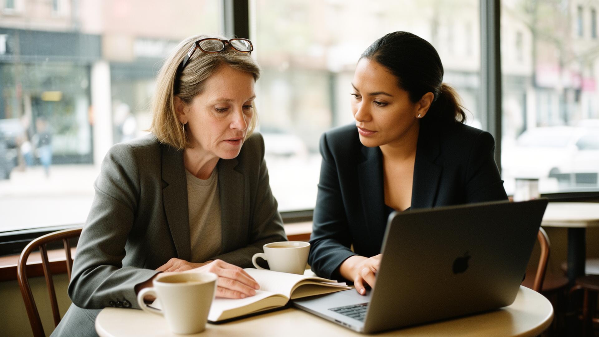 Two adult learners studying together at a cafe table