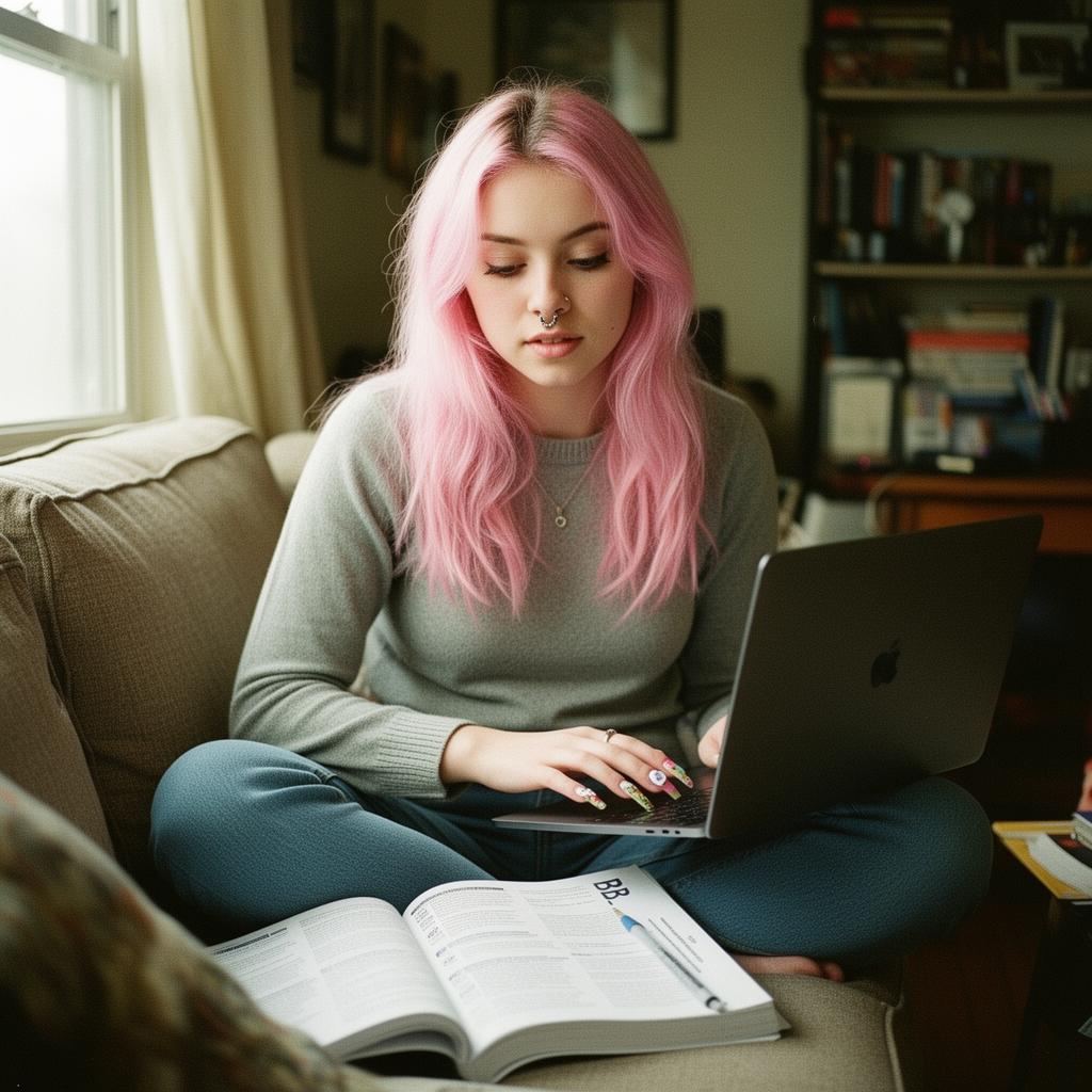 A young adult student studying with a laptop and prep book
